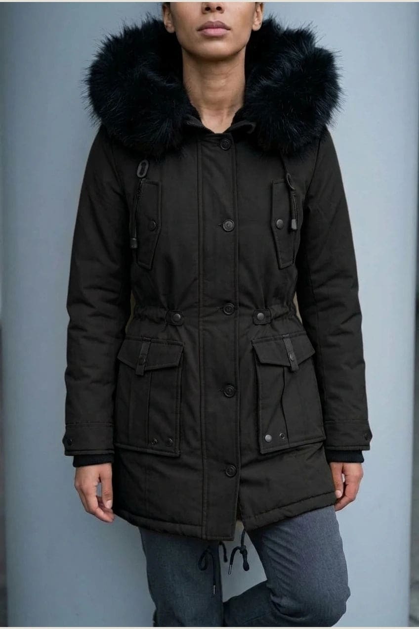 Kvinde i lang vatteret parka med pelskant på hætten, knaprække, taljebånd og fire klaplommer, styles med jeans og støvler._2