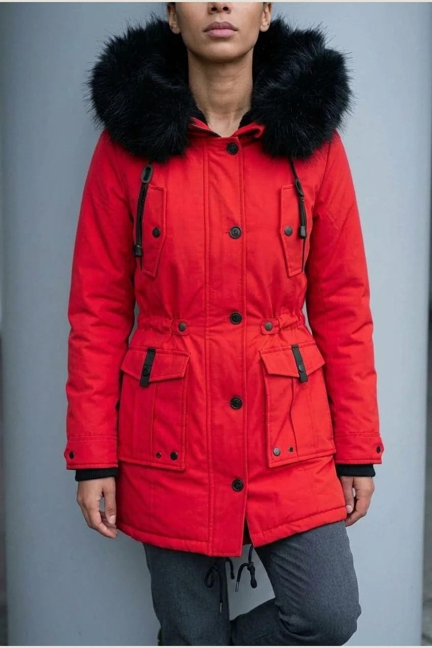 Kvinde i lang vatteret parka med pelskant på hætten, knaprække, taljebånd og fire klaplommer, styles med jeans og støvler._20