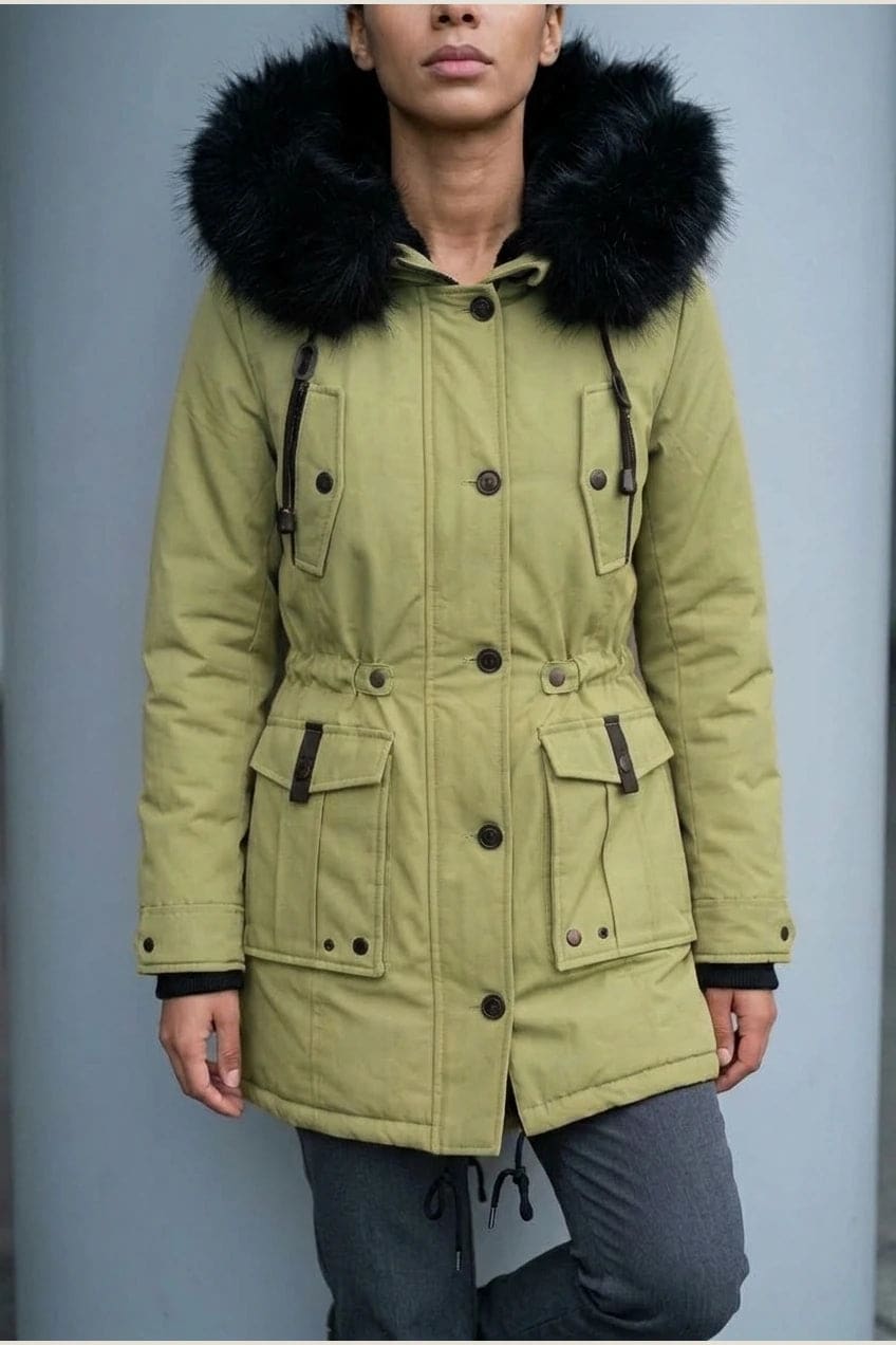 Kvinde i lang vatteret parka med pelskant på hætten, knaprække, taljebånd og fire klaplommer, styles med jeans og støvler._8