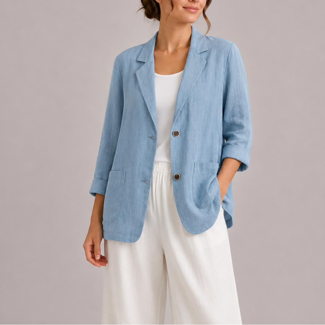Kvinde iført lyseblå blazer med to knapper og hvide bukser mod neutral baggrund_0
