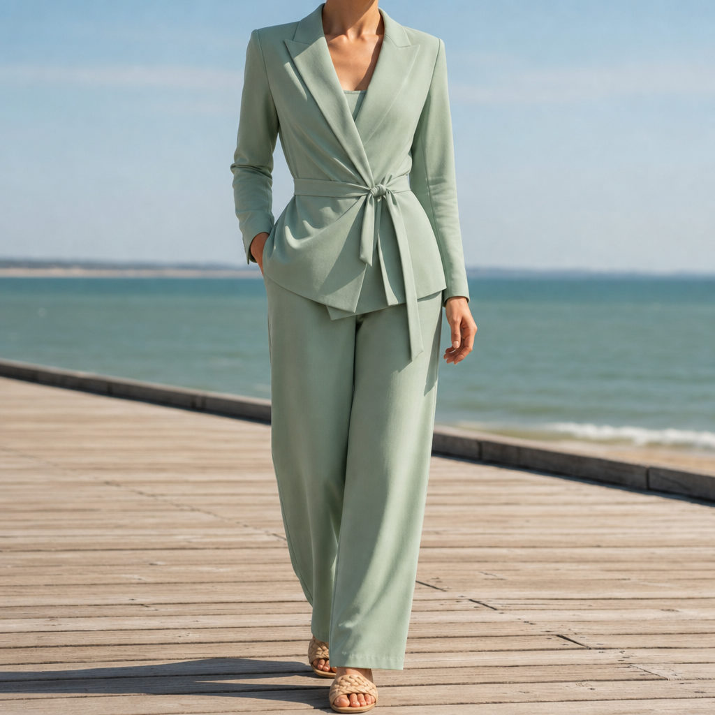 Kvinde iført et lyst blazersæt med bælte i taljen og wide leg bukser, fotograferet på en strandpromenade med havet i baggrunden._0