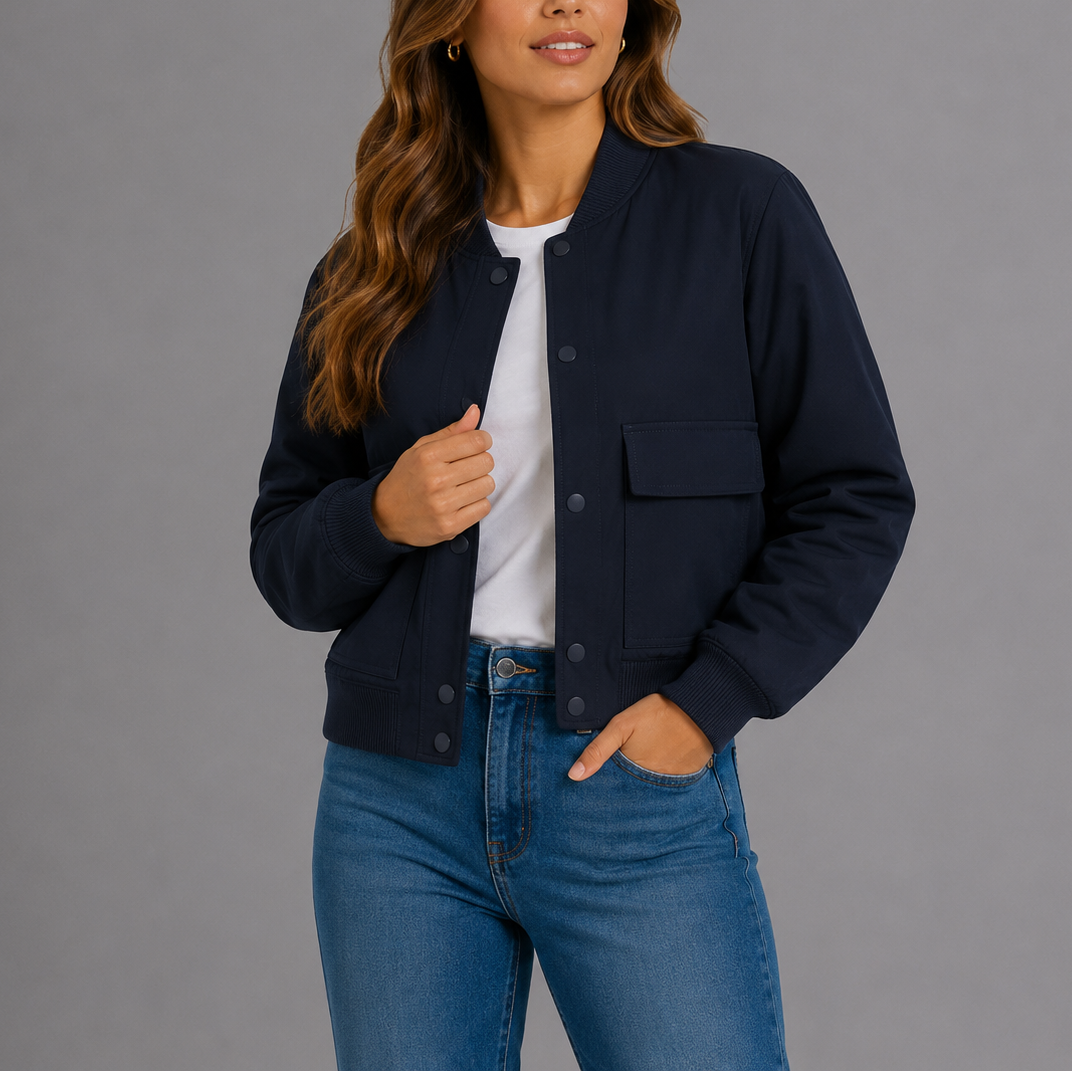 Kvinde iført en mørk bomberjakke med ribbede detaljer, hvid t-shirt og blå jeans_0