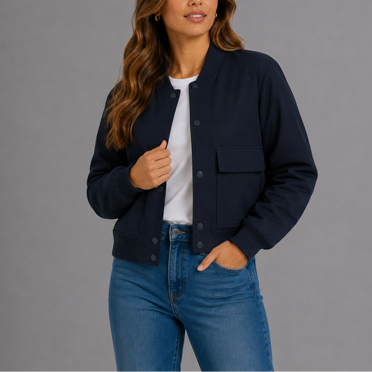 Kvinde iført en mørk bomberjakke med ribbede detaljer, hvid t-shirt og blå jeans_0