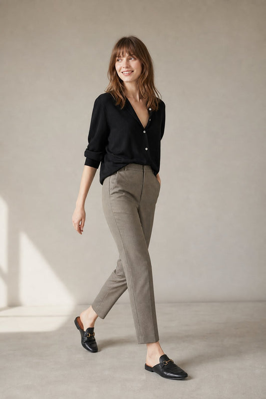 Kvinde iført sorte loafers, grå bukser med høj talje og sort cardigan i neutral kulisse._0