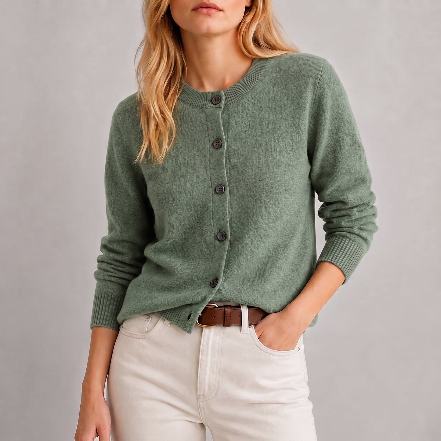 Isabella | cardigan med knapper, afrundet halsudskæring og ribkanter