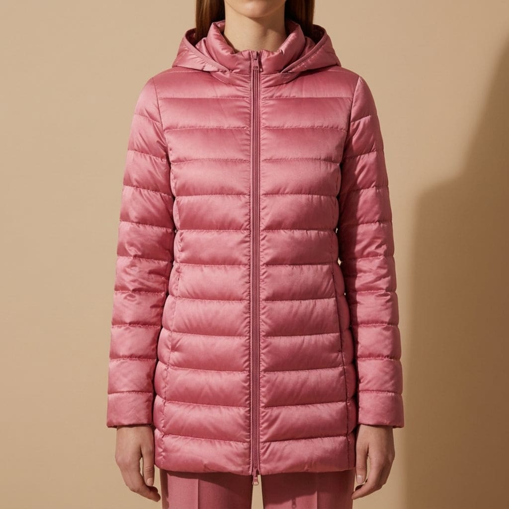 Model iført en rosa lang dunjakke med hætte og lynlås foran mod en neutral beige baggrund_0