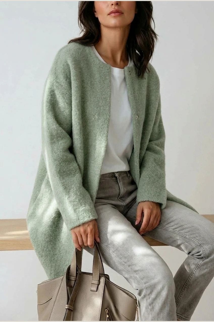 Kvinde i lang oversize cardigan med rund hals og knapper, hvid t-shirt, jeans og sneakers._17