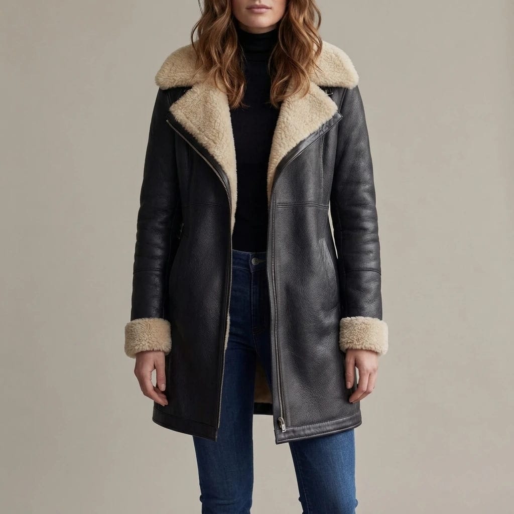 Lang jakke i skind med skrå lynlås, bred fåreskindskrave og opsmøgede manchetter, båret åben over sort rullekrave og jeans._0