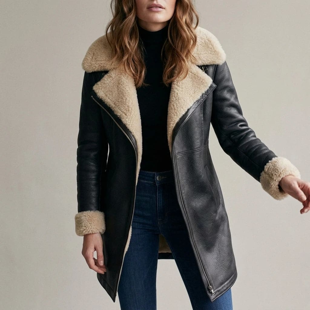 Lang jakke i skind med skrå lynlås, bred fåreskindskrave og opsmøgede manchetter, båret åben over sort rullekrave og jeans._3
