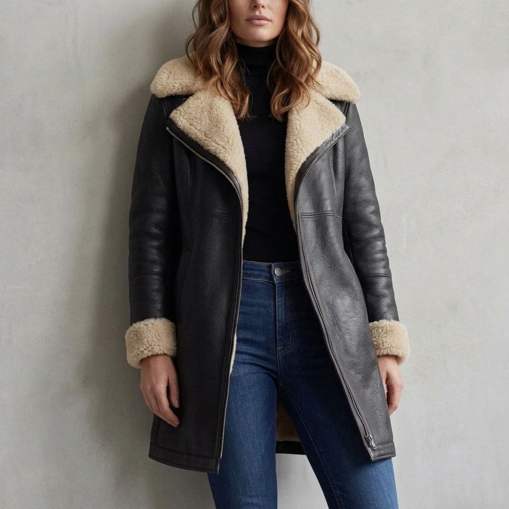 Lang jakke i skind med skrå lynlås, bred fåreskindskrave og opsmøgede manchetter, båret åben over sort rullekrave og jeans._4