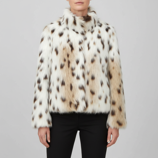 Kvinde iført en kort jakke med leopardmønster og høj hals, stylet med sorte bukser mod neutral baggrund._0