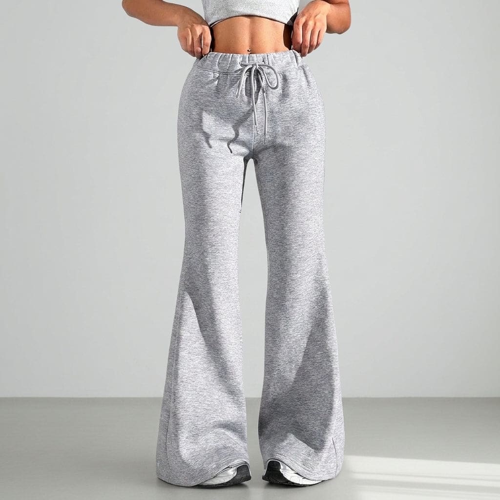 Kvinde iført grå flare joggers med snørelukning og elastisk talje set forfra_0