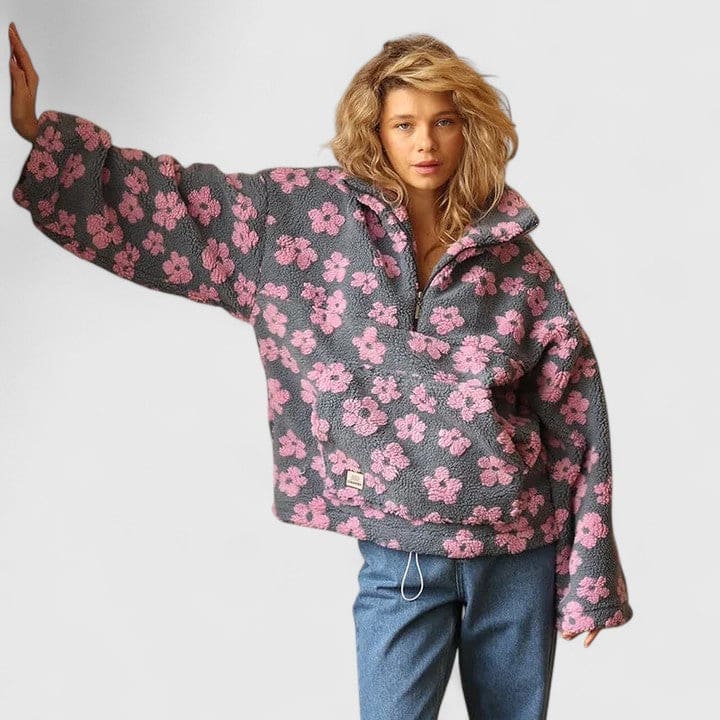 Isabella | Fleece Sweater Med Blomstermønster Og Lynlås