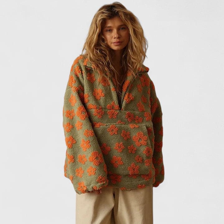 Isabella | Fleece Sweater Med Blomstermønster Og Lynlås