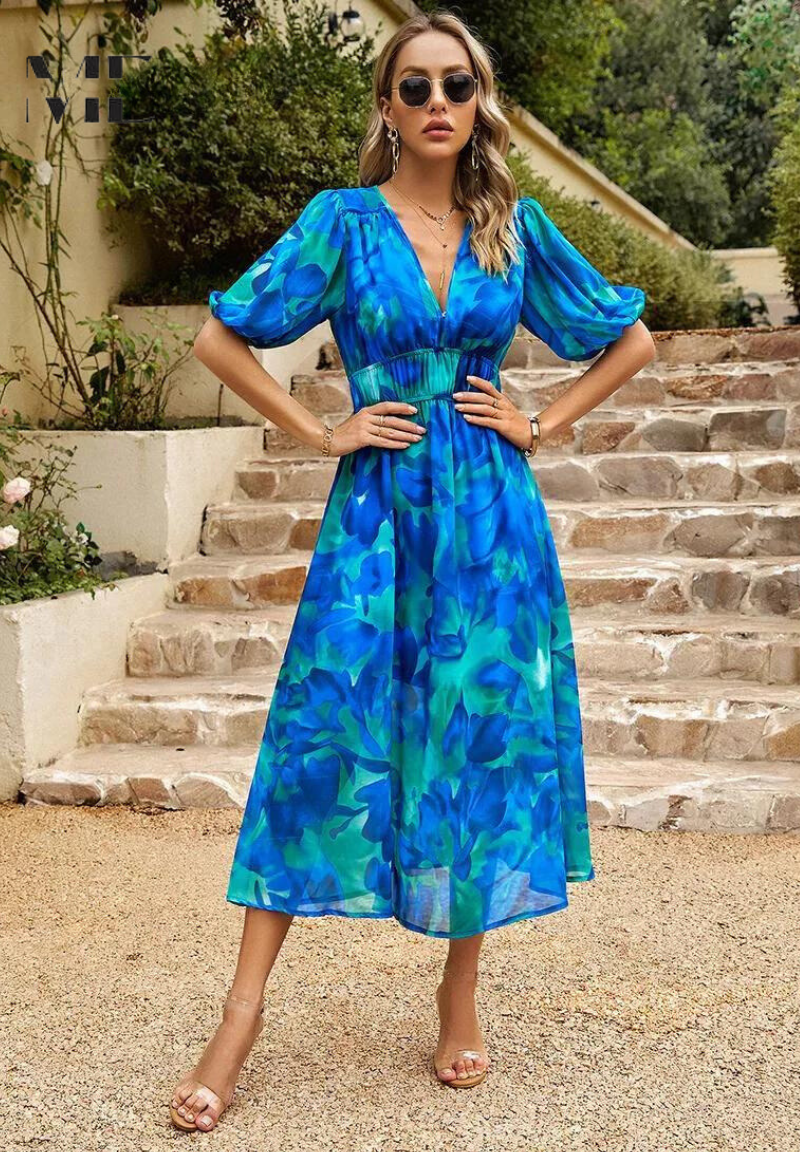 Marie | Floral Midikjole Med V-Hals Og Elegant Silhuet Til Brudekjole Gæster