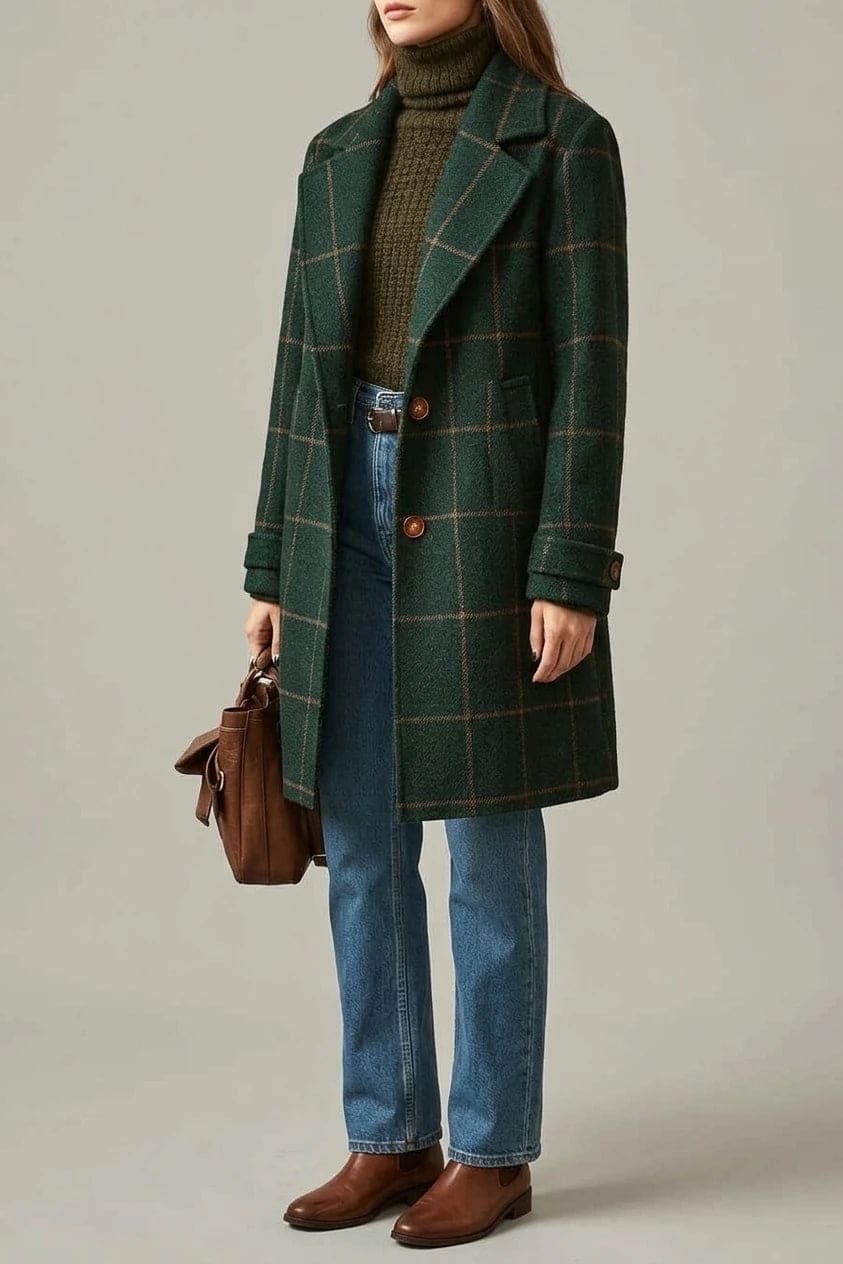 Ternet frakke med reversslag, knaplukning fortil, lommer i hoftehøjde og manchetter med knap, styles med jeans og støvler._0