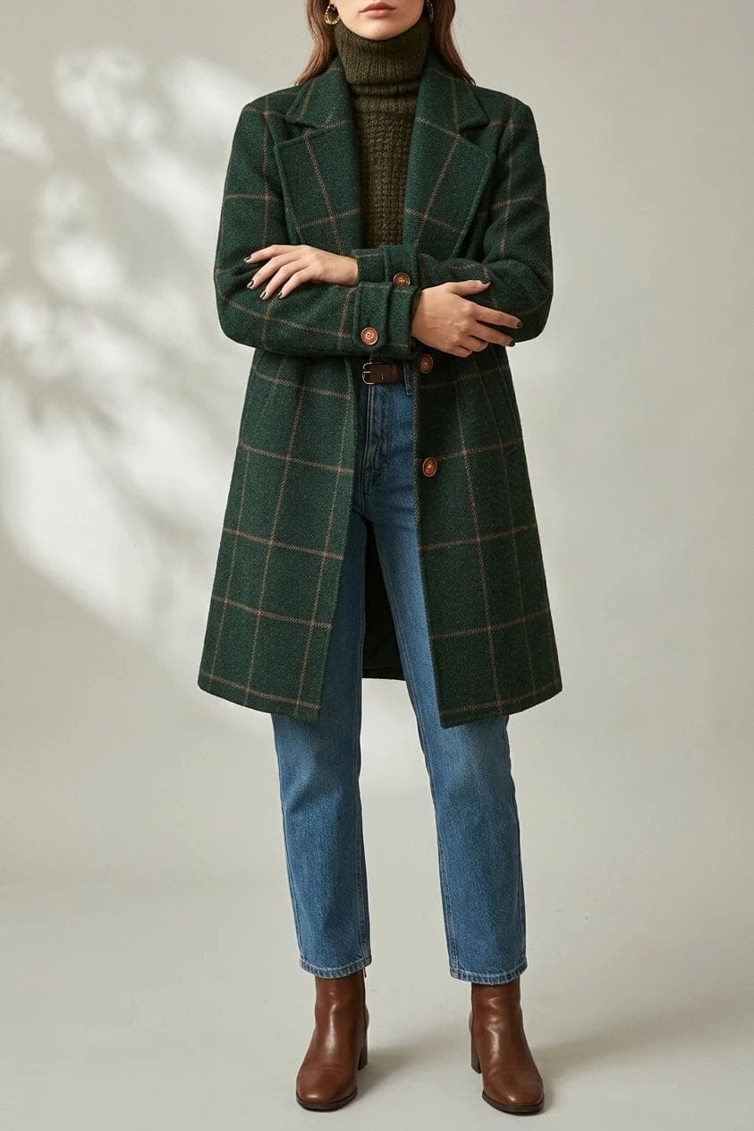 Ternet frakke med reversslag, knaplukning fortil, lommer i hoftehøjde og manchetter med knap, styles med jeans og støvler._1