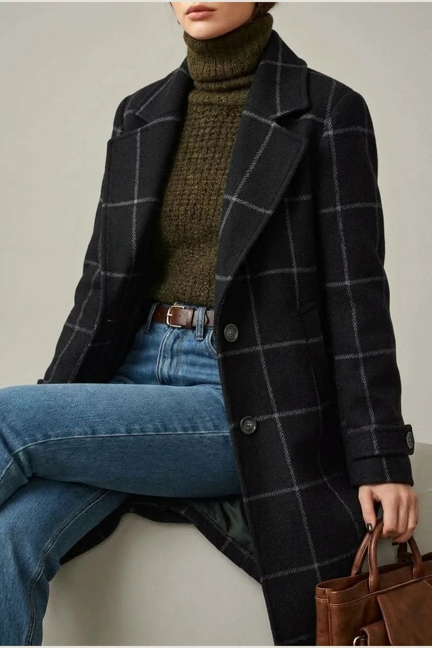 Ternet frakke med reversslag, knaplukning fortil, lommer i hoftehøjde og manchetter med knap, styles med jeans og støvler._10