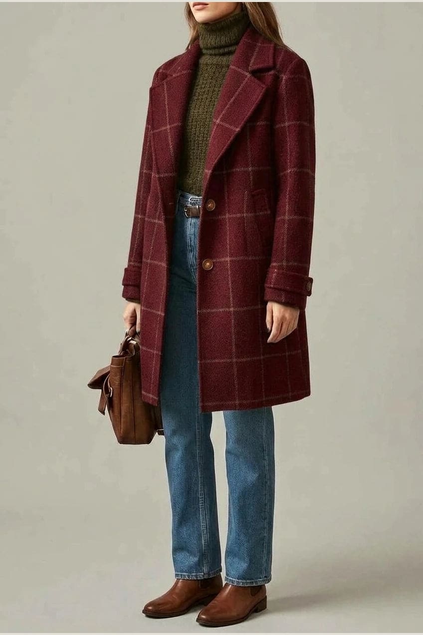 Ternet frakke med reversslag, knaplukning fortil, lommer i hoftehøjde og manchetter med knap, styles med jeans og støvler._12