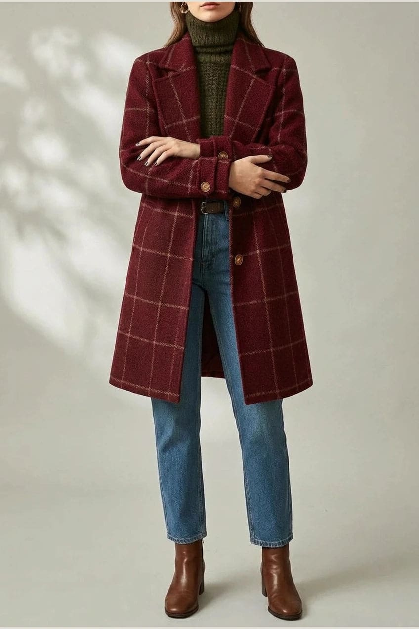 Ternet frakke med reversslag, knaplukning fortil, lommer i hoftehøjde og manchetter med knap, styles med jeans og støvler._13