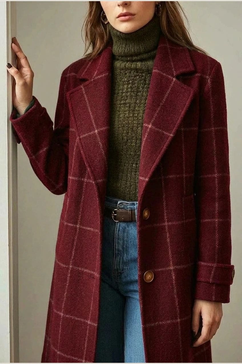 Ternet frakke med reversslag, knaplukning fortil, lommer i hoftehøjde og manchetter med knap, styles med jeans og støvler._14