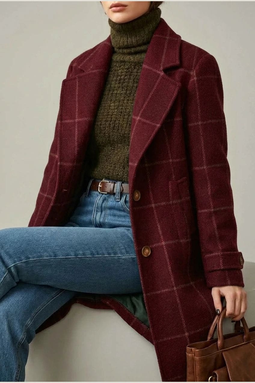 Ternet frakke med reversslag, knaplukning fortil, lommer i hoftehøjde og manchetter med knap, styles med jeans og støvler._16