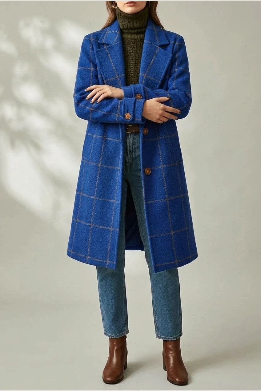 Ternet frakke med reversslag, knaplukning fortil, lommer i hoftehøjde og manchetter med knap, styles med jeans og støvler._19