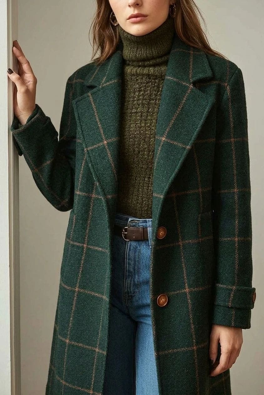 Ternet frakke med reversslag, knaplukning fortil, lommer i hoftehøjde og manchetter med knap, styles med jeans og støvler._2