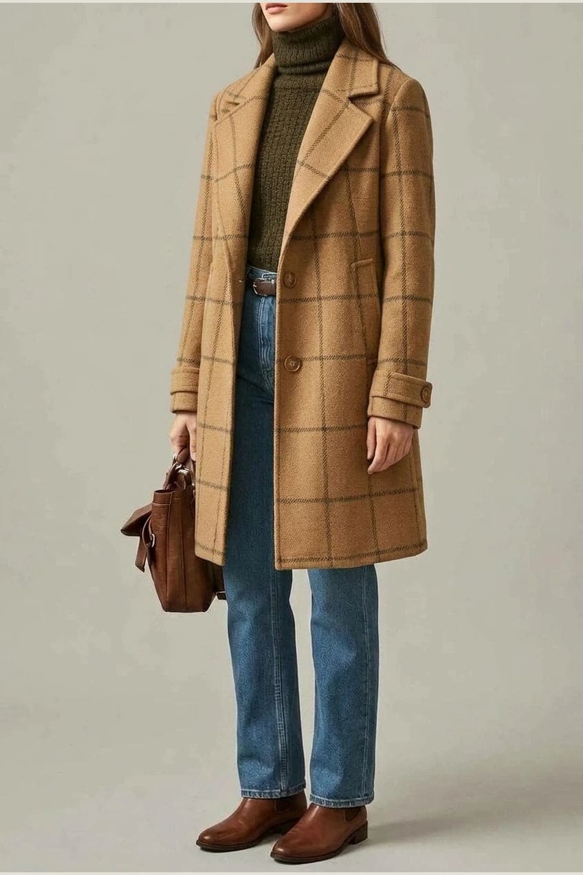 Ternet frakke med reversslag, knaplukning fortil, lommer i hoftehøjde og manchetter med knap, styles med jeans og støvler._24