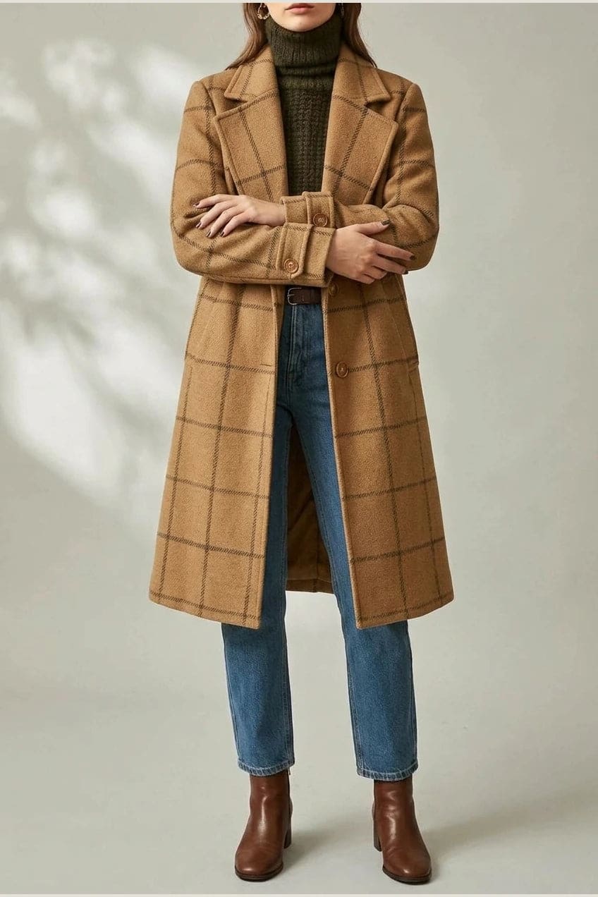 Ternet frakke med reversslag, knaplukning fortil, lommer i hoftehøjde og manchetter med knap, styles med jeans og støvler._25