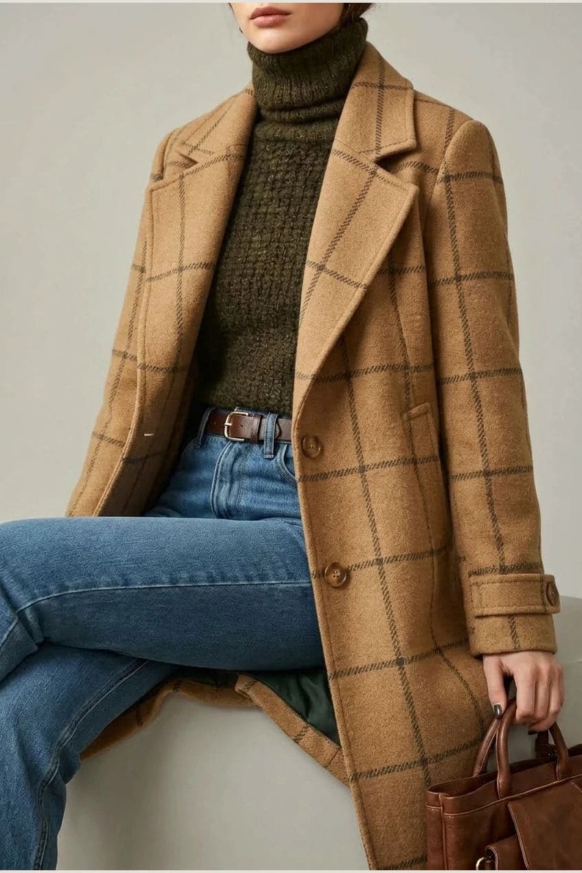 Ternet frakke med reversslag, knaplukning fortil, lommer i hoftehøjde og manchetter med knap, styles med jeans og støvler._28