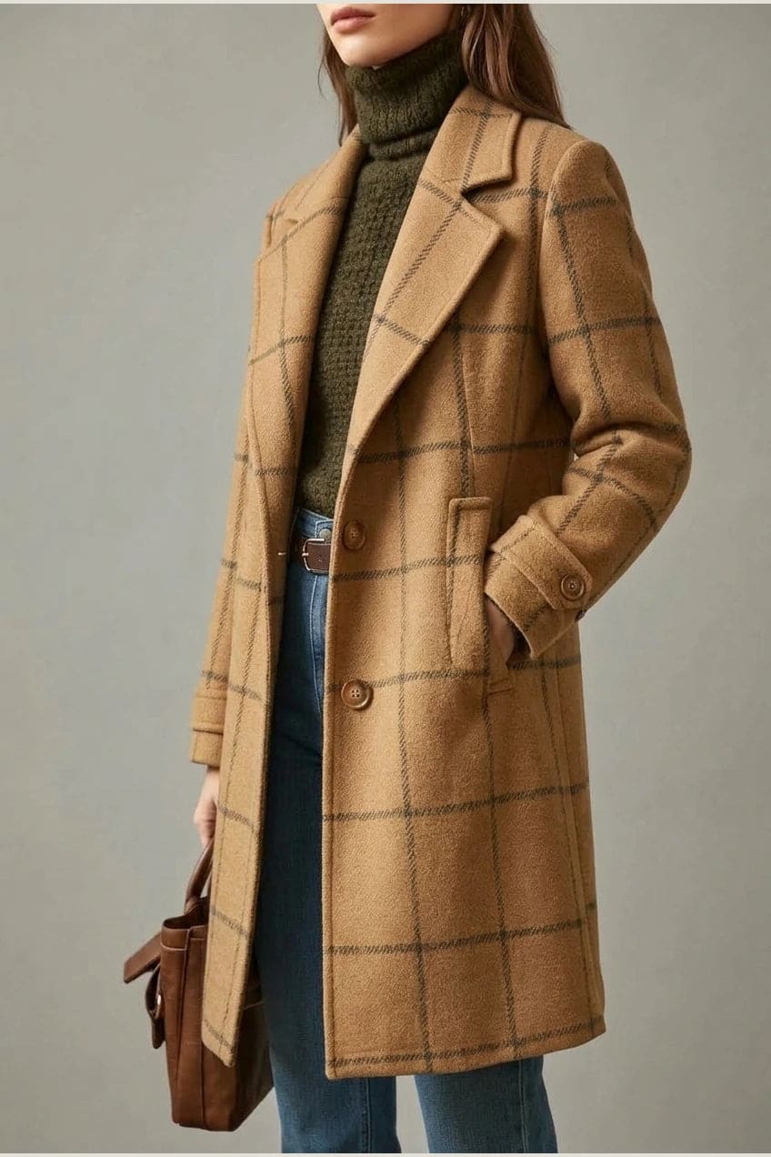 Ternet frakke med reversslag, knaplukning fortil, lommer i hoftehøjde og manchetter med knap, styles med jeans og støvler._34