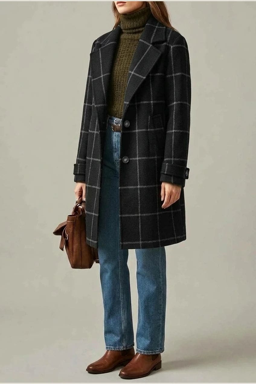 Ternet frakke med reversslag, knaplukning fortil, lommer i hoftehøjde og manchetter med knap, styles med jeans og støvler._6