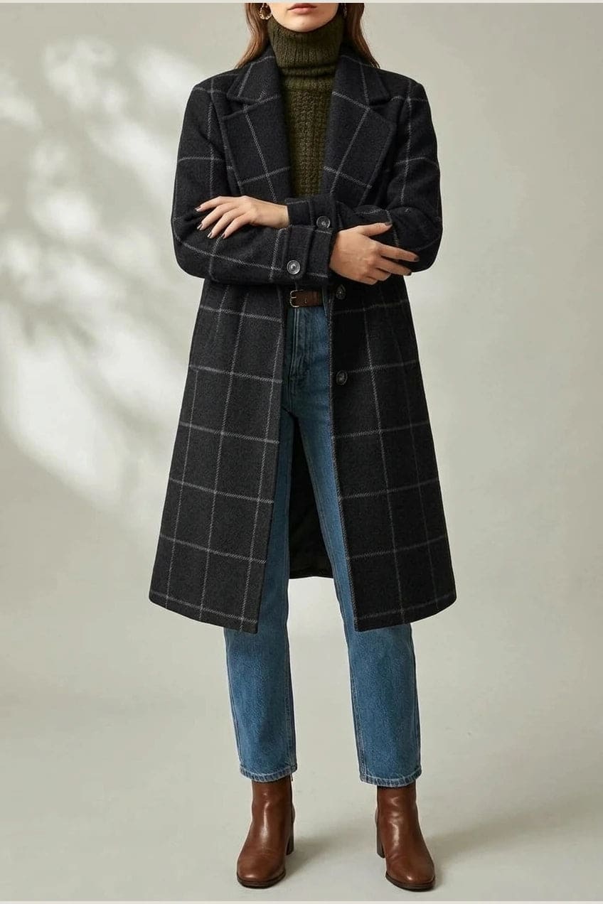 Ternet frakke med reversslag, knaplukning fortil, lommer i hoftehøjde og manchetter med knap, styles med jeans og støvler._7