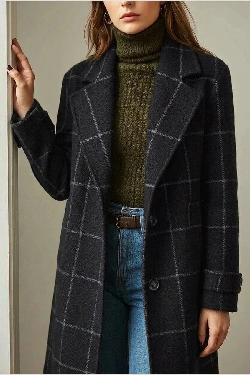 Ternet frakke med reversslag, knaplukning fortil, lommer i hoftehøjde og manchetter med knap, styles med jeans og støvler._8