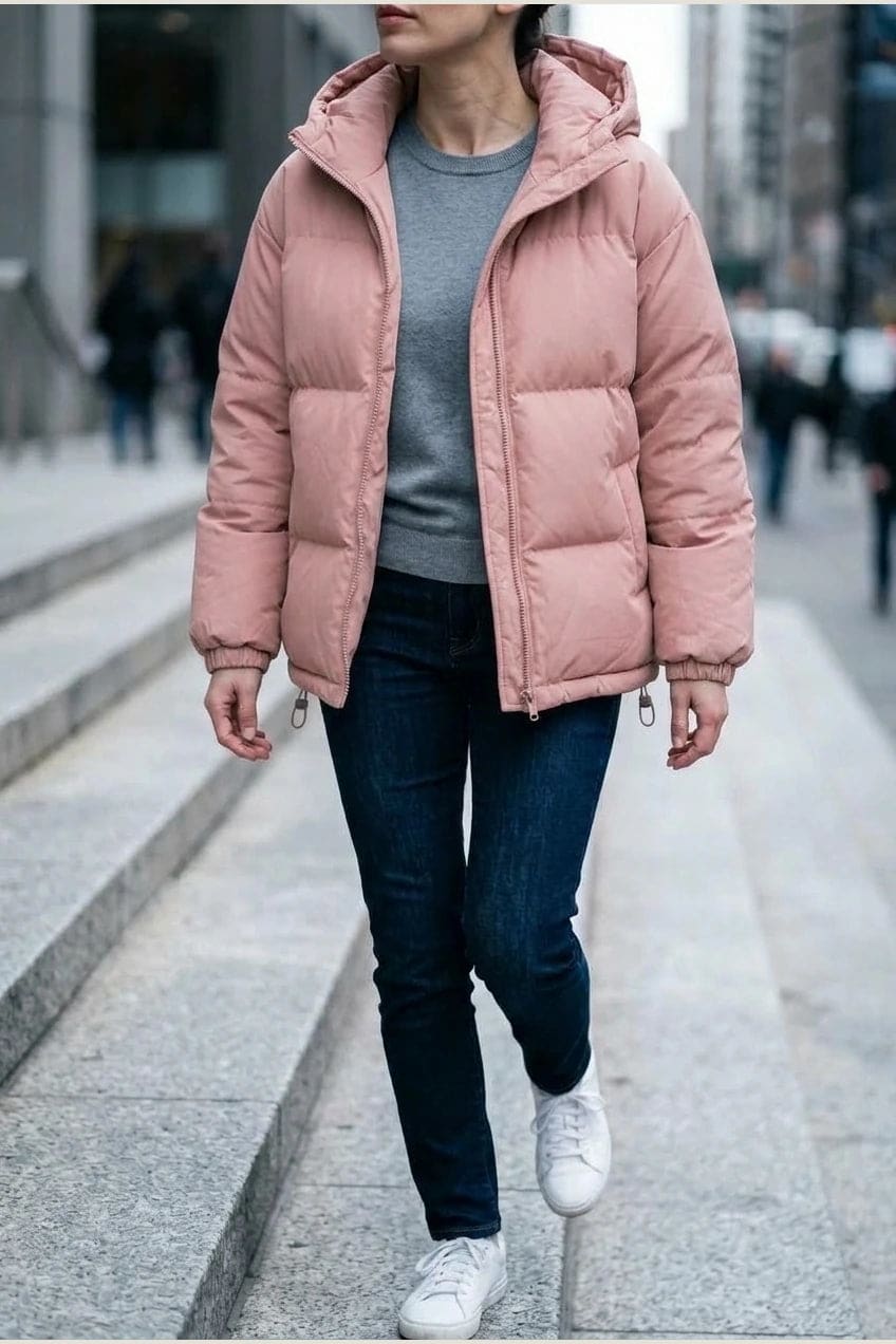 Kvinde i quiltet pufferjakke med hætte, gennemgående lynlås og sidelommer, stylet med smalle bukser og sneakers._17