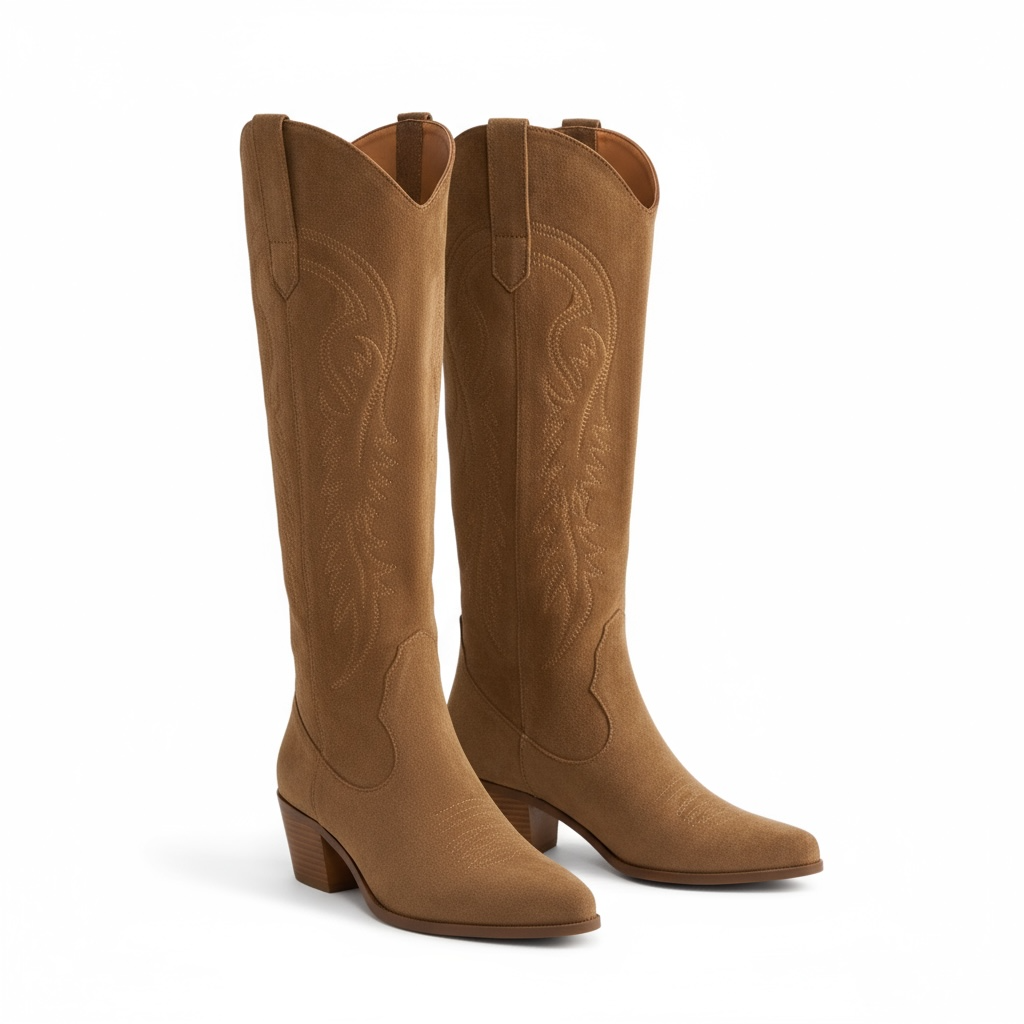 Et par høje støvler med cowboy-inspireret design, blokhæl og detaljeret syning på skaftet._0