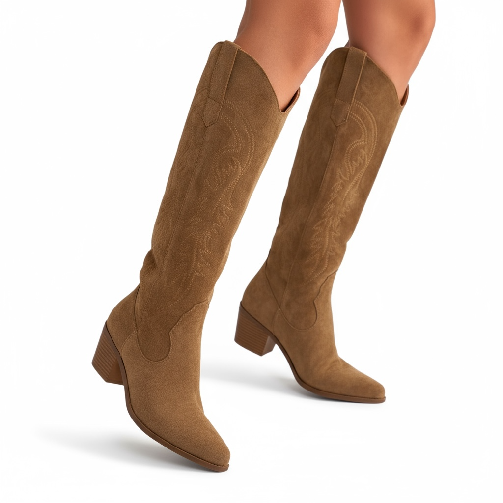 Et par høje støvler med cowboy-inspireret design, blokhæl og detaljeret syning på skaftet._1