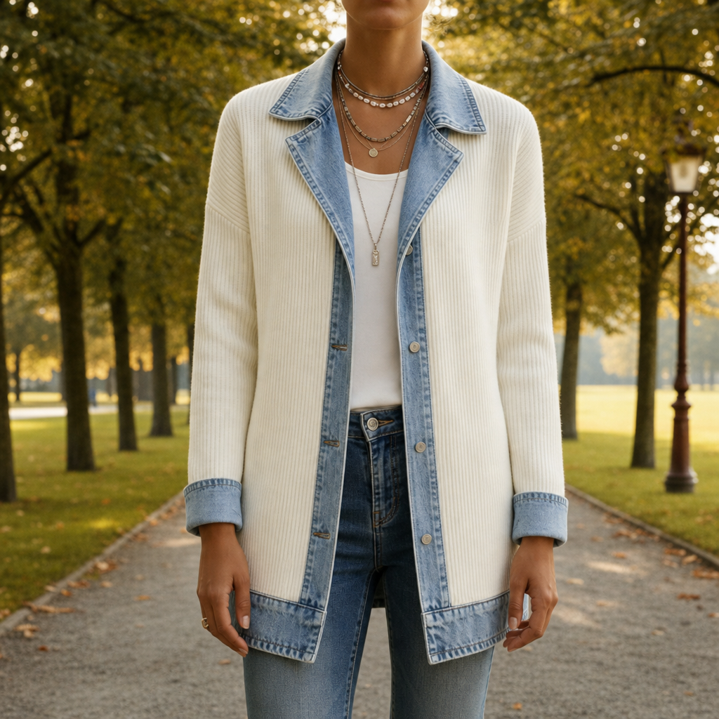 Model iført hybrid jakke med strikket krop og denimdetaljer over hvid top og jeans i park_0