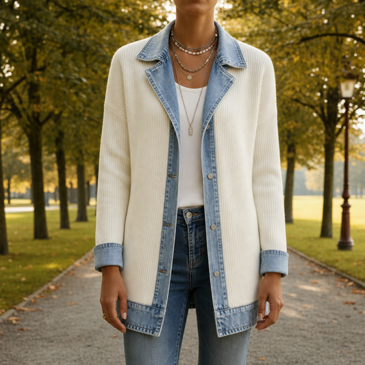 Model iført hybrid jakke med strikket krop og denimdetaljer over hvid top og jeans i park_0