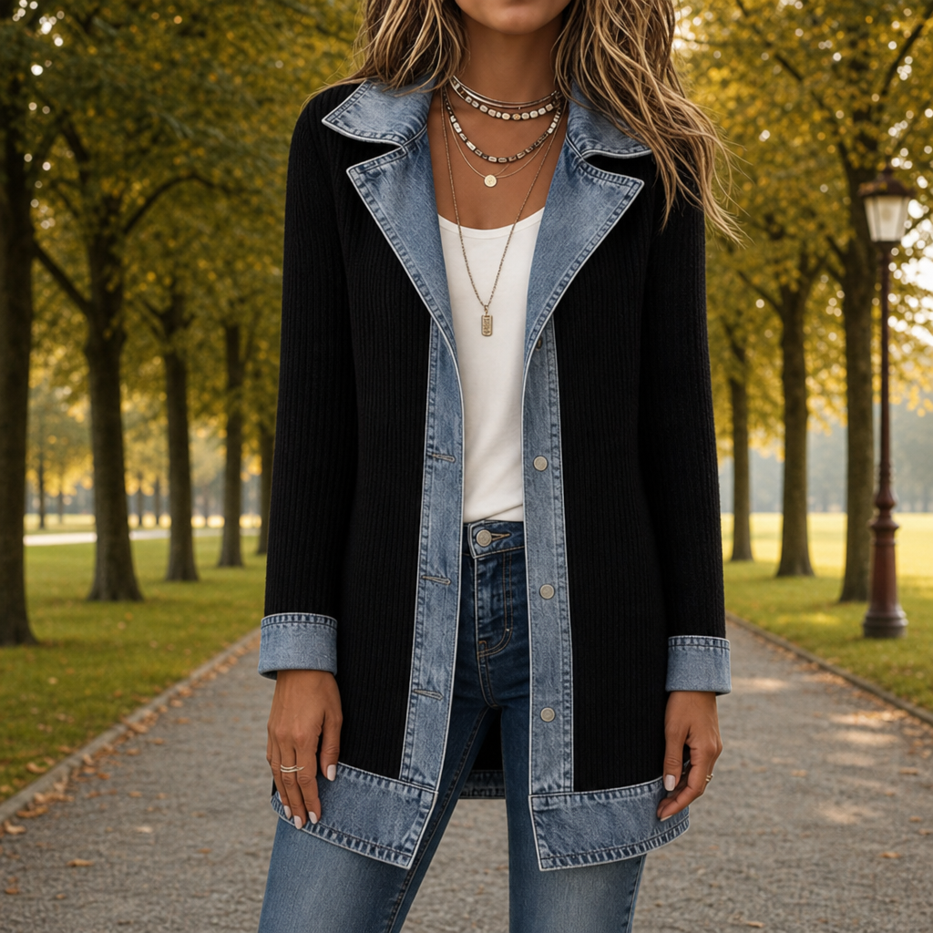 Hanne | Hybrid Jakke Med Denim Detaljer Og Strikket Krop