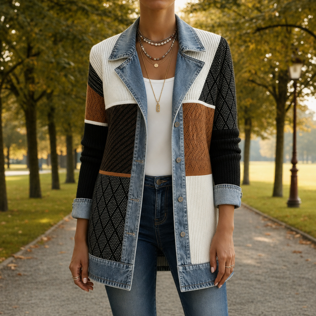 Hanne | Hybrid Jakke Med Denim Detaljer Og Strikket Krop