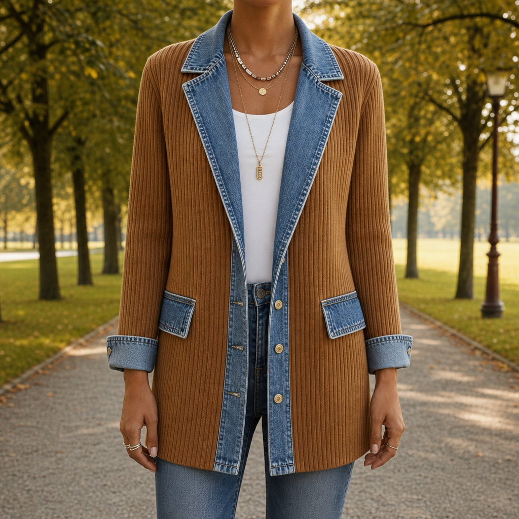 Hanne | Hybrid Jakke Med Denim Detaljer Og Strikket Krop