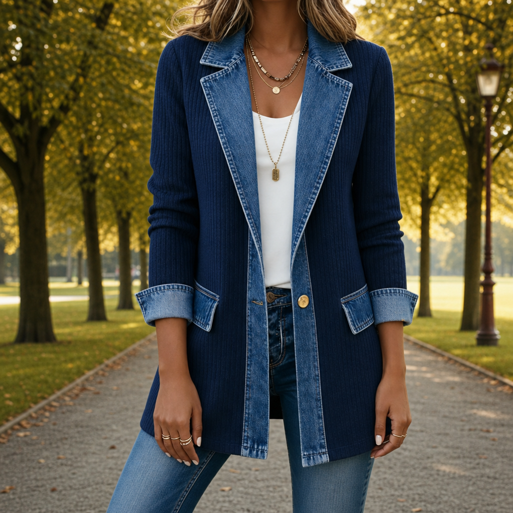 Hanne | Hybrid Jakke Med Denim Detaljer Og Strikket Krop