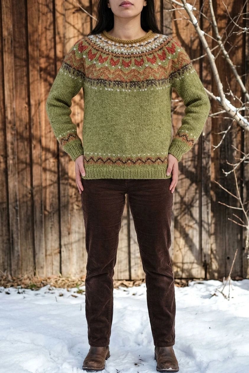 Kvinde i strikket sweater med mønstret rundpasning i zigzag og ribkanter, kombineret med mørke fløjlsbukser og støvler i sne._0