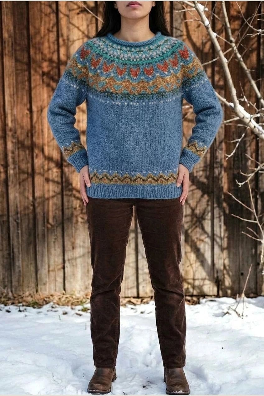 Kvinde i strikket sweater med mønstret rundpasning i zigzag og ribkanter, kombineret med mørke fløjlsbukser og støvler i sne._1