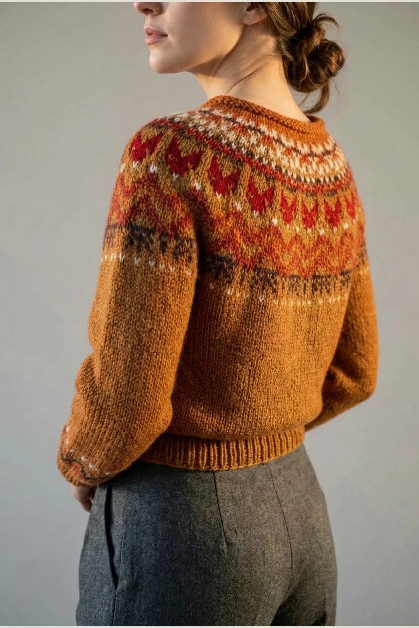 Kvinde i strikket sweater med mønstret rundpasning i zigzag og ribkanter, kombineret med mørke fløjlsbukser og støvler i sne._11