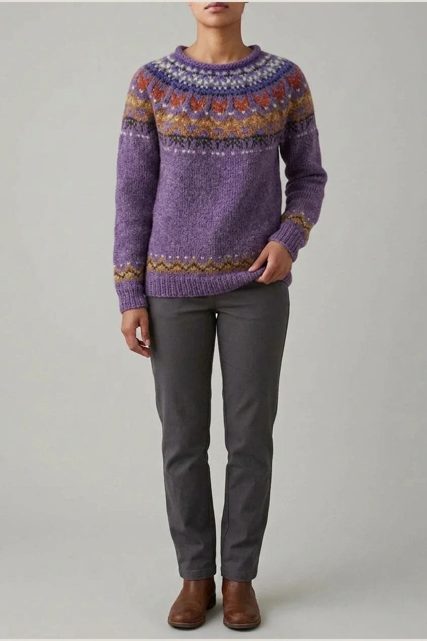 Kvinde i strikket sweater med mønstret rundpasning i zigzag og ribkanter, kombineret med mørke fløjlsbukser og støvler i sne._15
