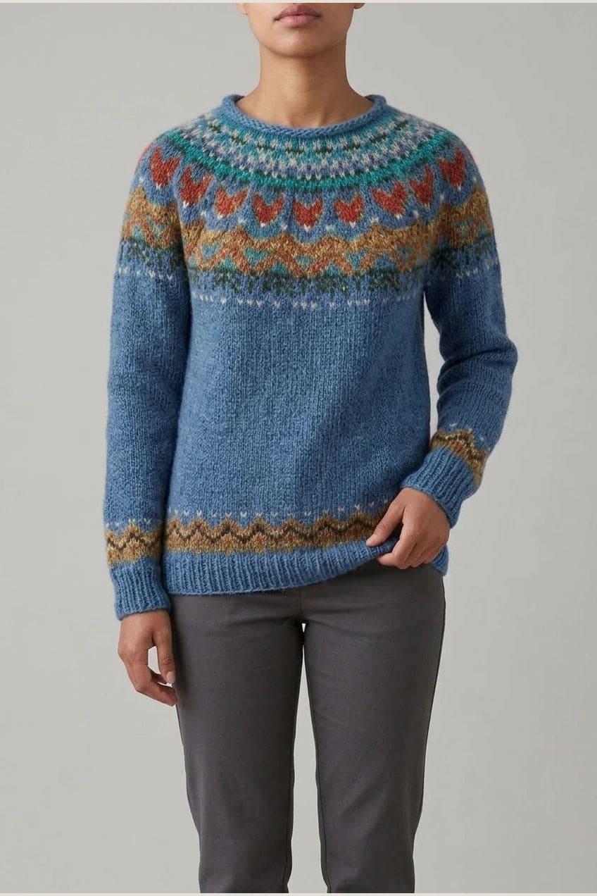 Kvinde i strikket sweater med mønstret rundpasning i zigzag og ribkanter, kombineret med mørke fløjlsbukser og støvler i sne._3