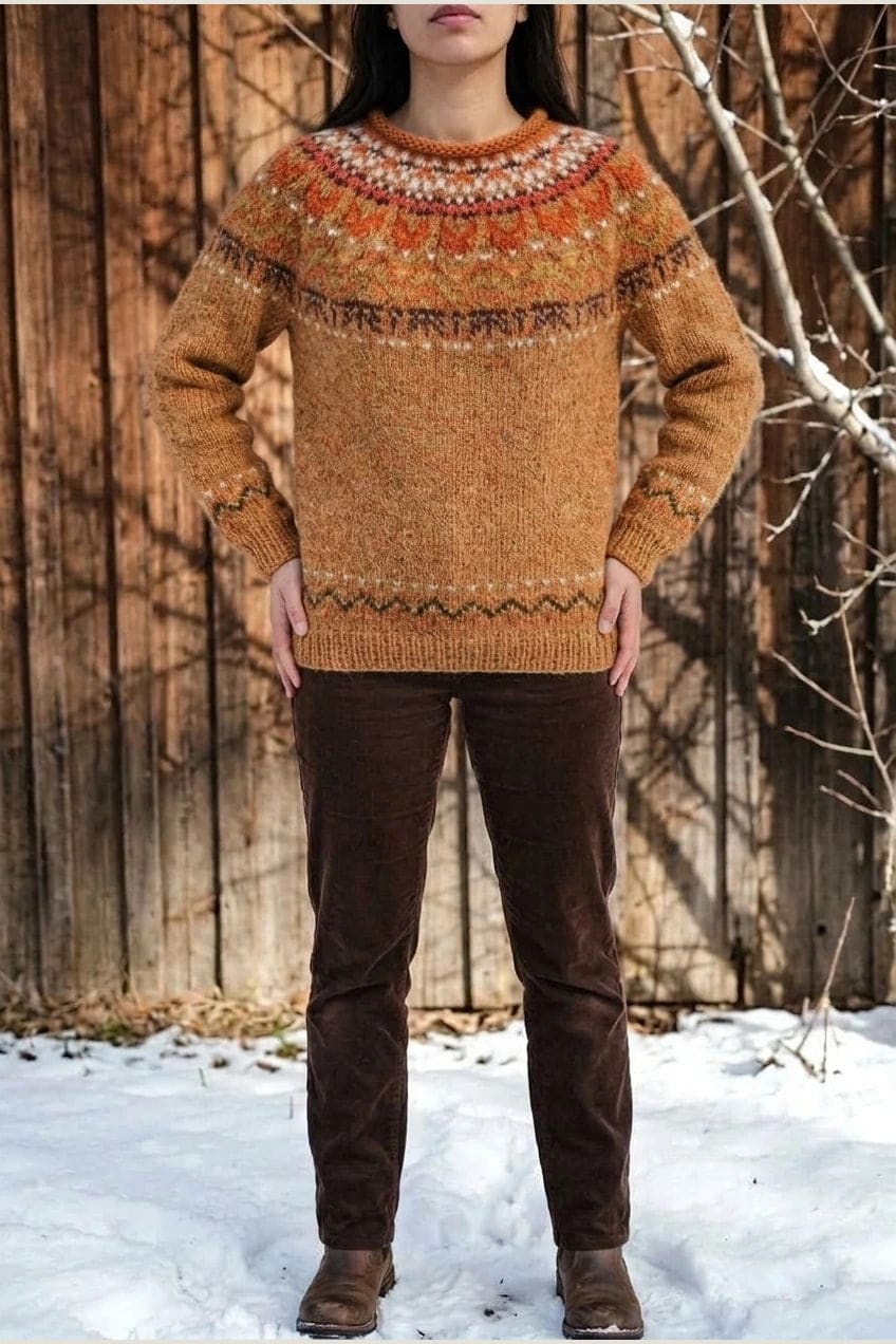 Kvinde i strikket sweater med mønstret rundpasning i zigzag og ribkanter, kombineret med mørke fløjlsbukser og støvler i sne._7